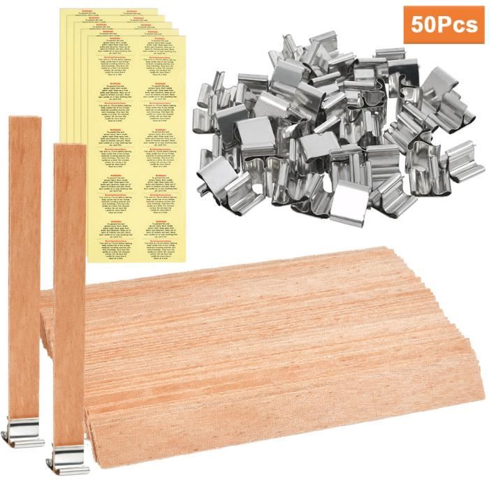 50 Pcs/Lot Mèche de Bougie en Bois avec Support de Fer et Autocollants d'Avertissement pour Fabrication de Bougies Bricolage