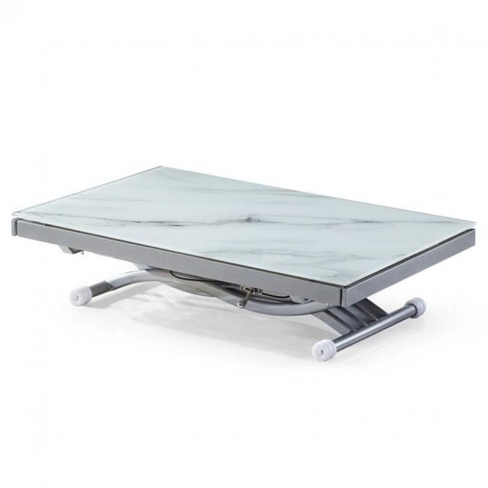 Table basse NEWFORM relevable extensible, plateau en verre trempé, marbré blanc blanc verre trempé Inside75