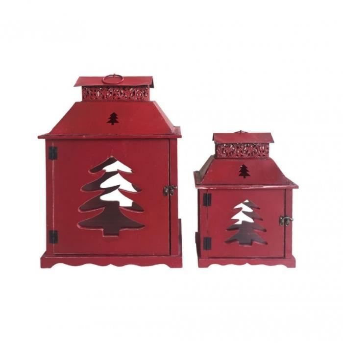 Rebecca Mobili Set de 2 Lanternes Lumière Bougies Métal Verre Bois Rouge