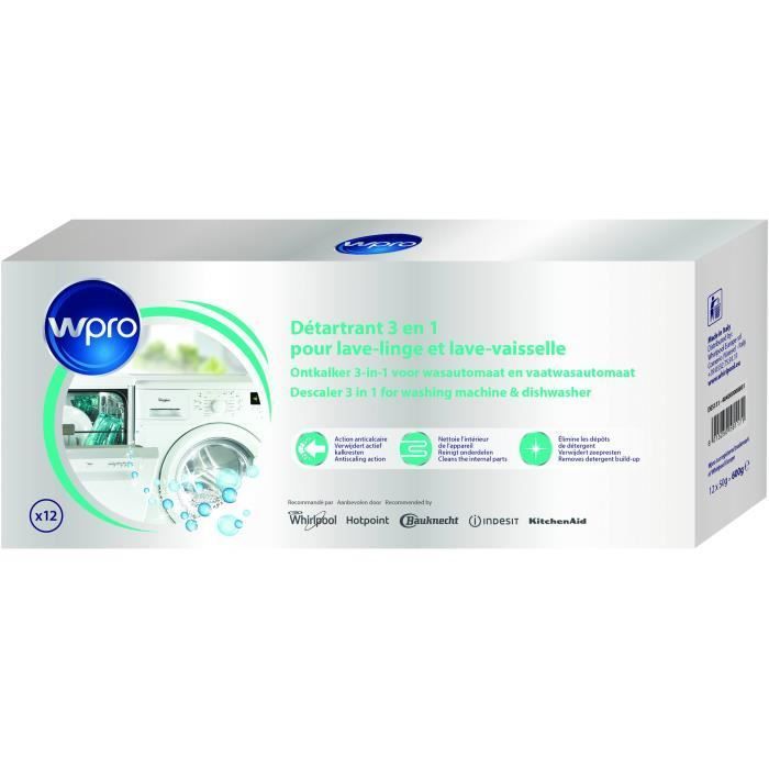WPRO DES131 Détartrant 3 en 1 pour lave-linge et lave-vaisselle. 12 sachets de 50g