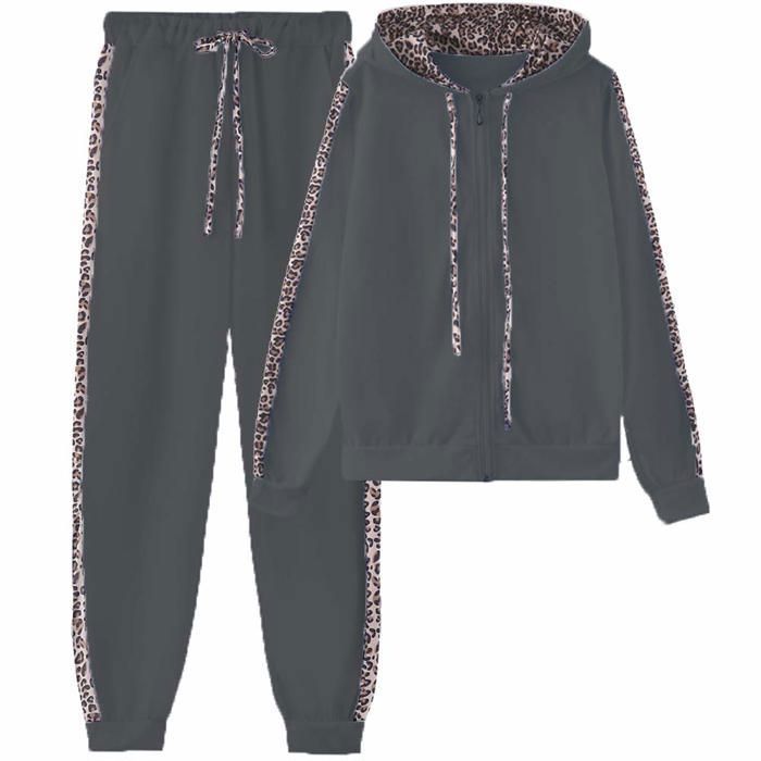 Amropi Femme Survetement Ensembles Imprimees Leopard Tenues Pull a Capuche et Jogging Pantalons Ensemble de Sport