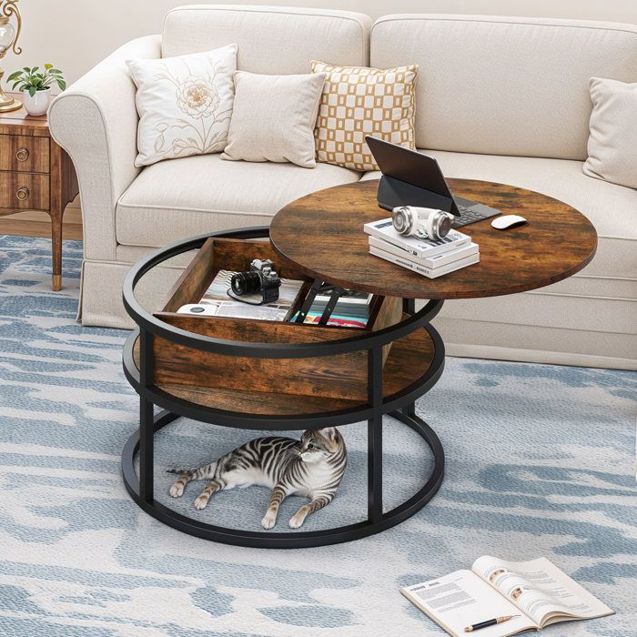Table Basse Ronde - avec Plateau Relevable Rangement caché - Table dappoint - 80 x 80 x 47cm