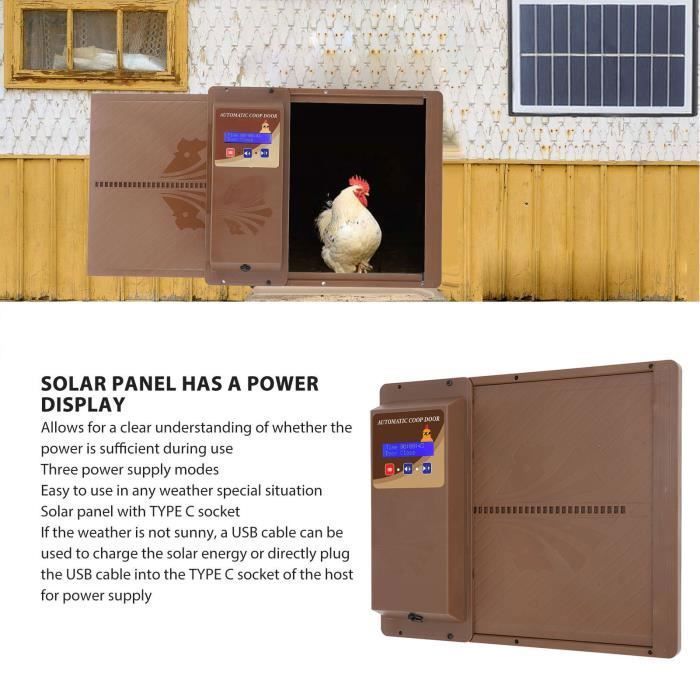 Porte Automatique Solaire Pour Poulailler - Avec Panneau Solaire, Batterie, écran LED, Programmable - Pour Poules, Canards, Oies