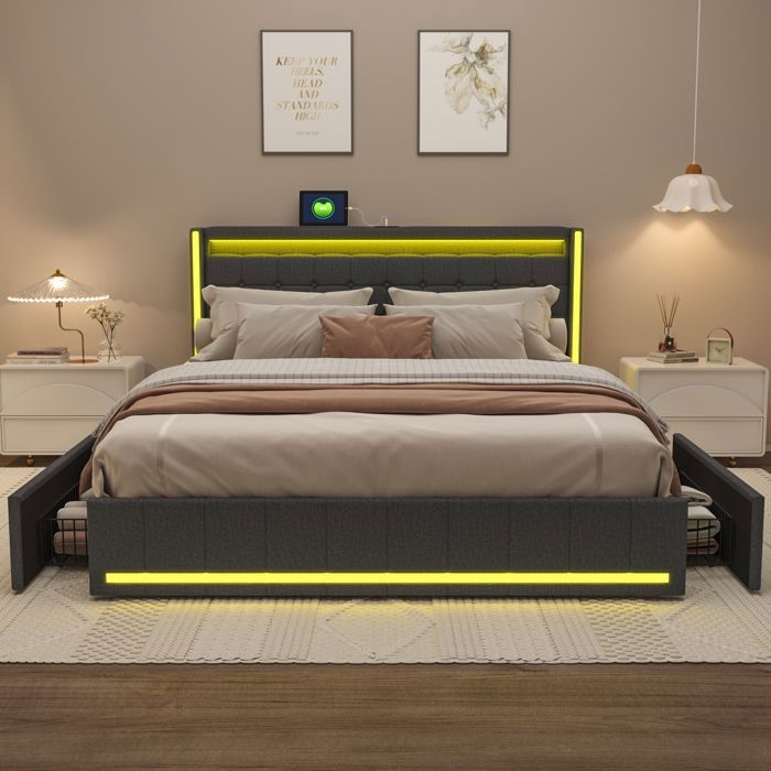 Lit Capitonne 140x200 Coffre Lit Double avec Tiroir Lit Adultes avec Led et Usb Lit Deux Places avec Rangements Gris Foncé