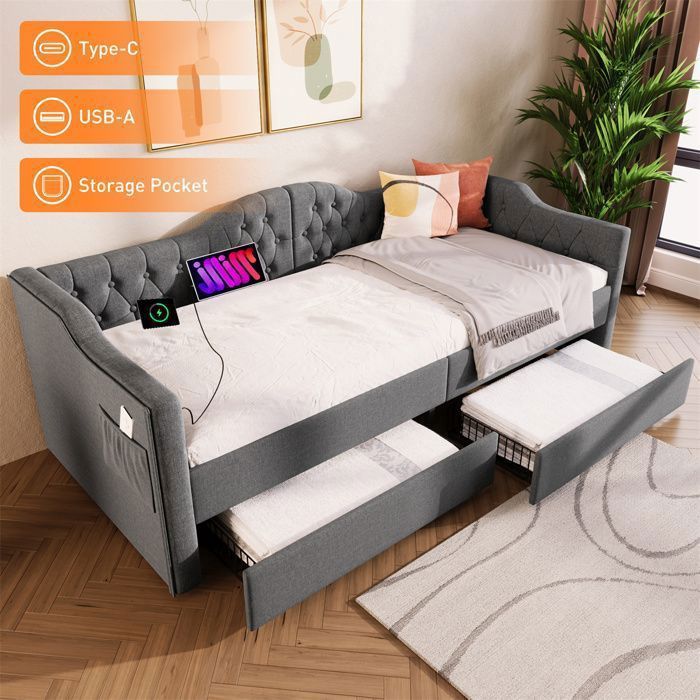 Lit Banquette 1 Place avec Rangement et USB C - Lit 90x190 avec Sommier - pour Adulte et Ado - Capitonné - 2 Tiroirs - Gris