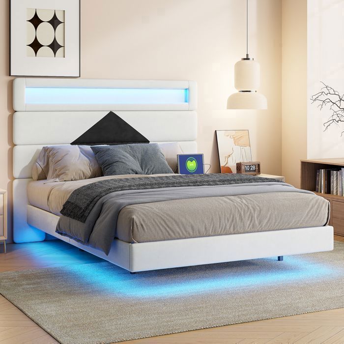 lit double suspendu 140x190 cm en velours beige cadre de lit avec base de plaque lampe LED USB et tête de lit réglable