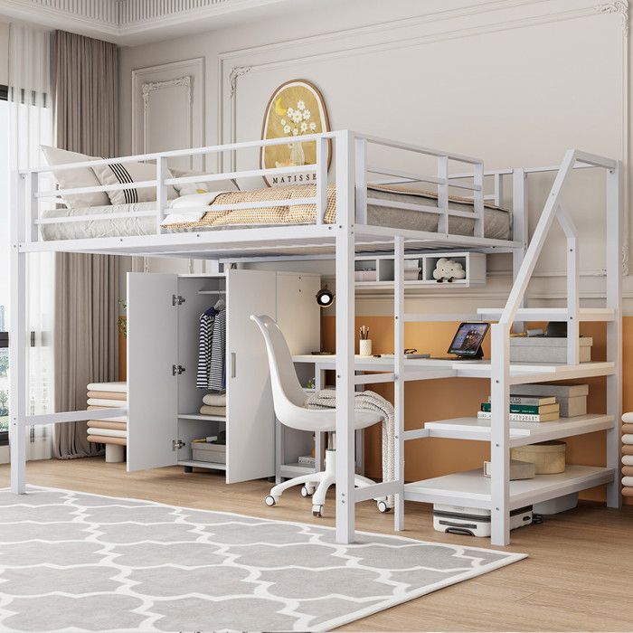 Lit Mezzanine Lit Enfant 140x200 cm avce Armoire Étagères Lit 1 Personne a Échelle de Rangement Bureau Sans Matelas Blanc