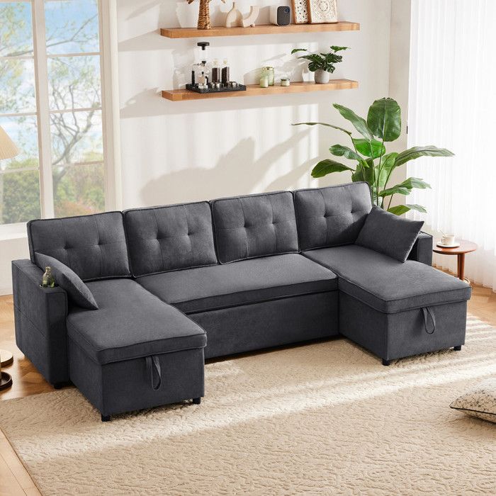 Canapé dangle convertible 4 places Canapé avec fonction de lit porte-gobelet et espace de rangement coton et lin gris 270x130x86