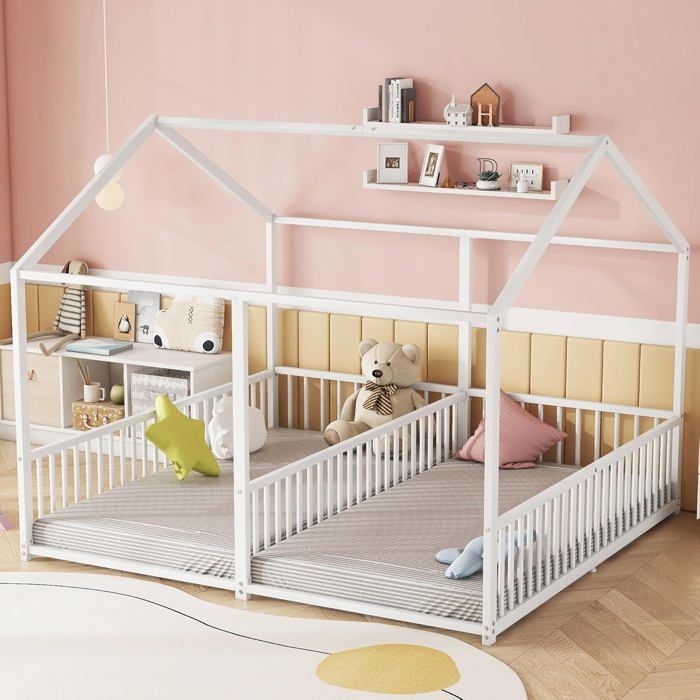 Lit Enfant pour 2 Enfants 90x200cm Lit Double avec Barrière Lit cabane avec Sommier à lattes Lit à cadre en fer Lit double Blanc