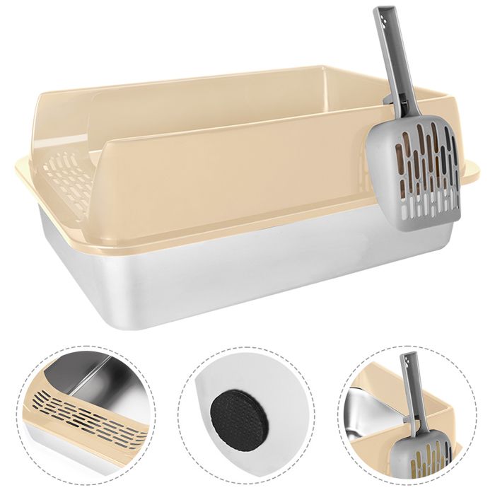 Meilleurs prix pour MIPAN.Bac À Litière En Acier Inoxydable Pour Chat 50cm - XXL -  Avec Pelle - Anti-Taches antirouille - 50x35x24cm - Kaki