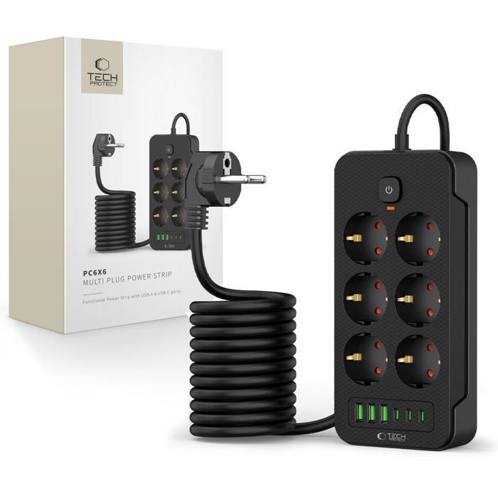 Multiprise - Tech-Protect PC6X6 - 6 Prises - 3 Ports USB - 3 Ports Type-C - 200 cm