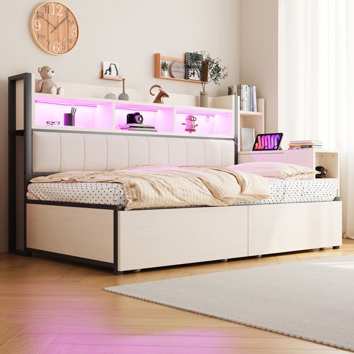 Canapé-lit 90x200cm - Avec rangement - 2 tiroirs et prises - Avec LED - Bureau coulissant - Blanc(matelas non inclus) Canapé-lit 90x200cm - Avec rangement - 2 tiroirs et prises - Avec LED - Bureau coulissant - Blanc(matelas non inclus)