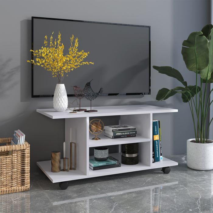 Meuble TV Meuble Télé Bas Table Basse à Roulettes en Panneaux de Particules Blanc
