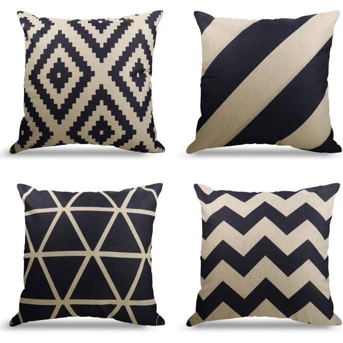 Lot de 4 Housse de Coussin Canapé Taie doreiller Decoration Canapé Housses de Coussin en Lin dextérieur (Black-beige 45x45cm)