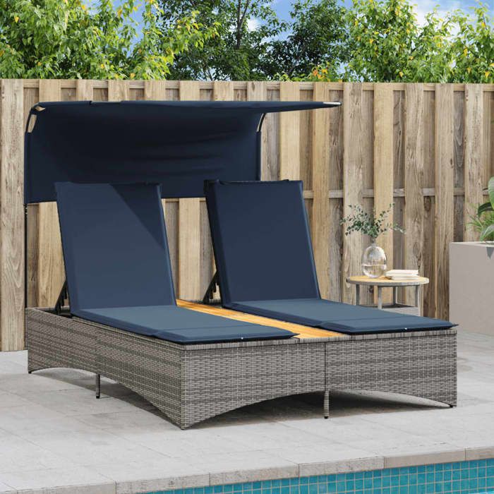 Desginer Chaise longue/Lit de repos - SOLOMON - Pour jardin - double places - avec auvent et coussins - en polyrotin gris CC576