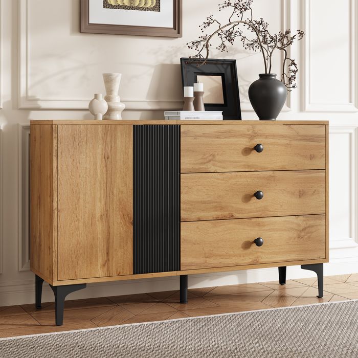 Buffet moderne - MODERNLUXE - 120x35x76 cm - 2 portes - 3 tiroirs - Pieds en métal - Naturel et Noir