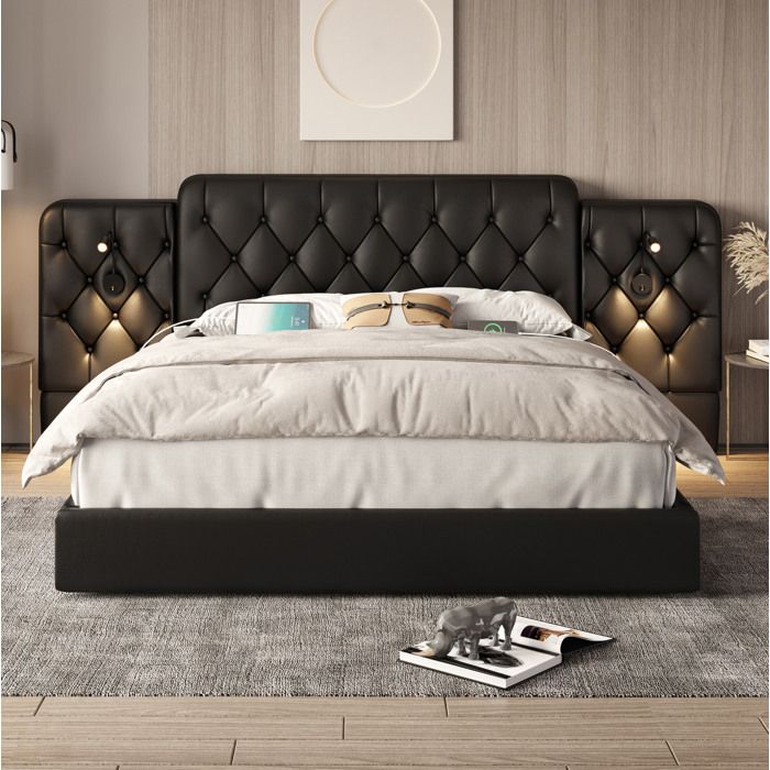 Lit coffre adulte 180x200 cm.hydraulique. port USB. lampe de lecture. sommier à lattes rembourré. sans matelas. PU. Noir