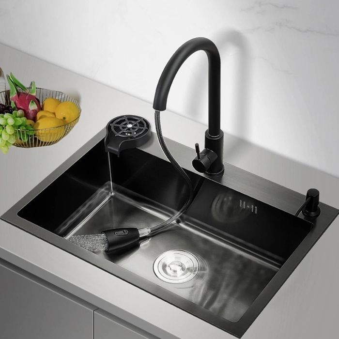 Évier de cuisine multifonction 60x45cm Acier inoxydable noir mat Robinet extractible étagère distributeur de savon