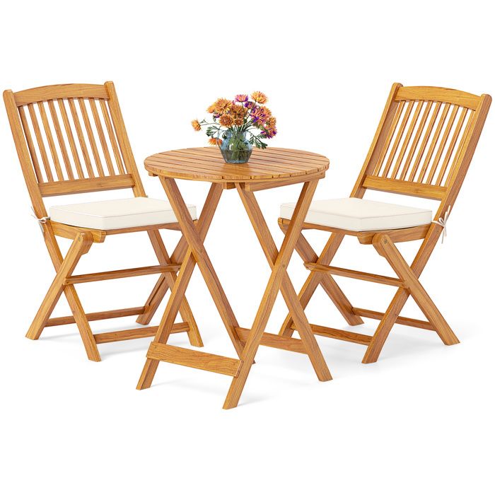 GIANTEX Ensemble Salon de Jardin 3 Pcs Pliable en Bois- 2 Chaises avec Coussins Amovibles et Table Basse de Jardin Rond- Beige