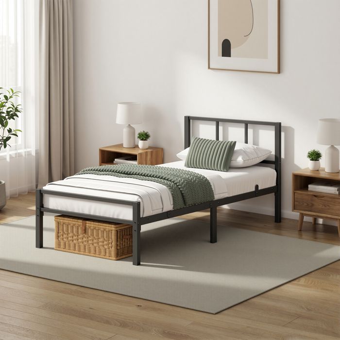 Structure de lit Simple Métal 90 x 190 cm Sommier Robuste avec Tête de Lit Montage Rapide Chambre Noir Structure de lit Simple Métal 90 x 190 cm Sommier Robuste avec Tête de Lit Montage Rapide Chambre Noir