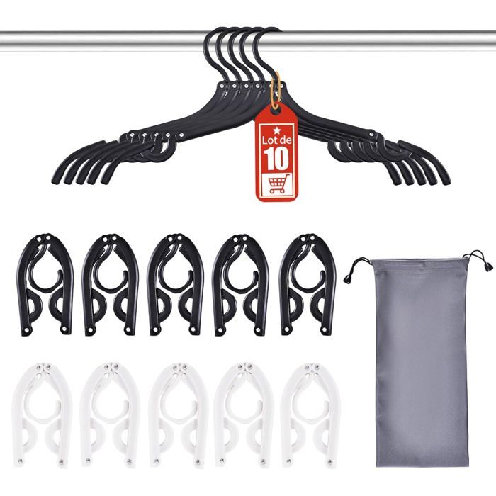 Lot de 10 Cintres Pliables ABS et Aluminium Antidérapants 14x8 cm Voyage et Rangement