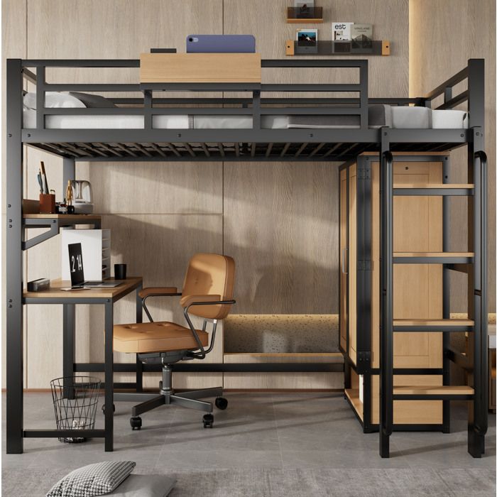 Lit mezzanine enfant noir et naturel 90 × 200 cm avec bureau et armoire