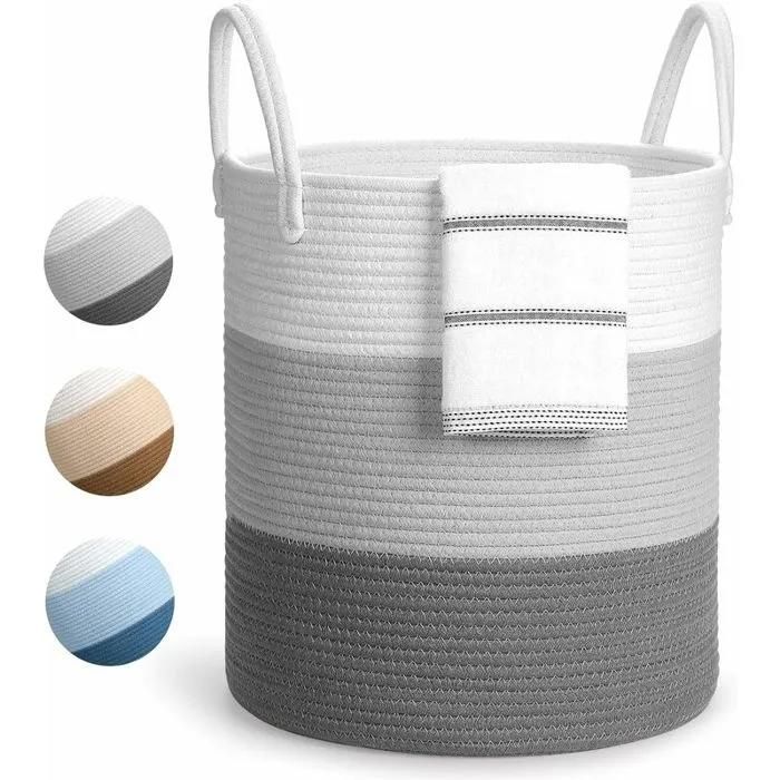 Grand Panier À Linge Pliable En Corde De Coton Corbeille De Rangement Avec Poignée Gris 35 X 40 Cm
