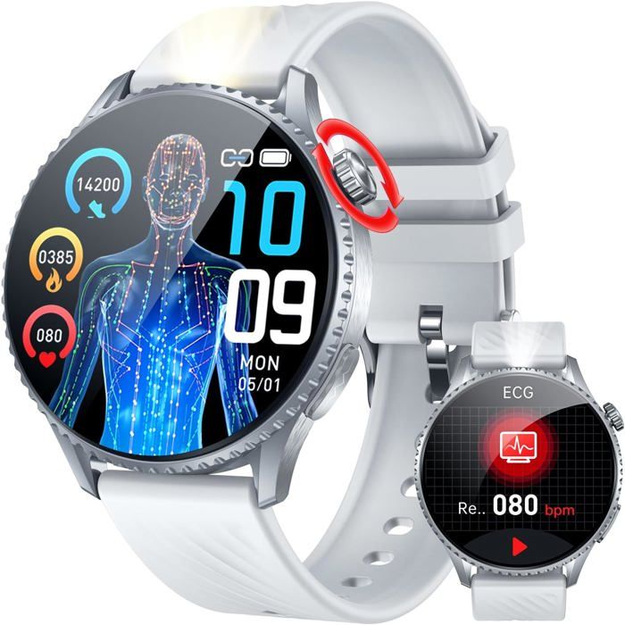 Montre Connectée Homme Smartwatch ECG: 1.56AMOLED Écran Ronde Montre Hommes avec Appel Bluetooth Lampe de Poche LED Fitness Tracker