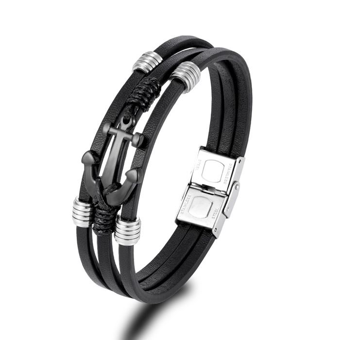 Bracelet Ancre Marine en Cuir Tressé Multicouche pour Homme - Style Vintage et Rétro en Acier Inoxydable - Couleur Argent