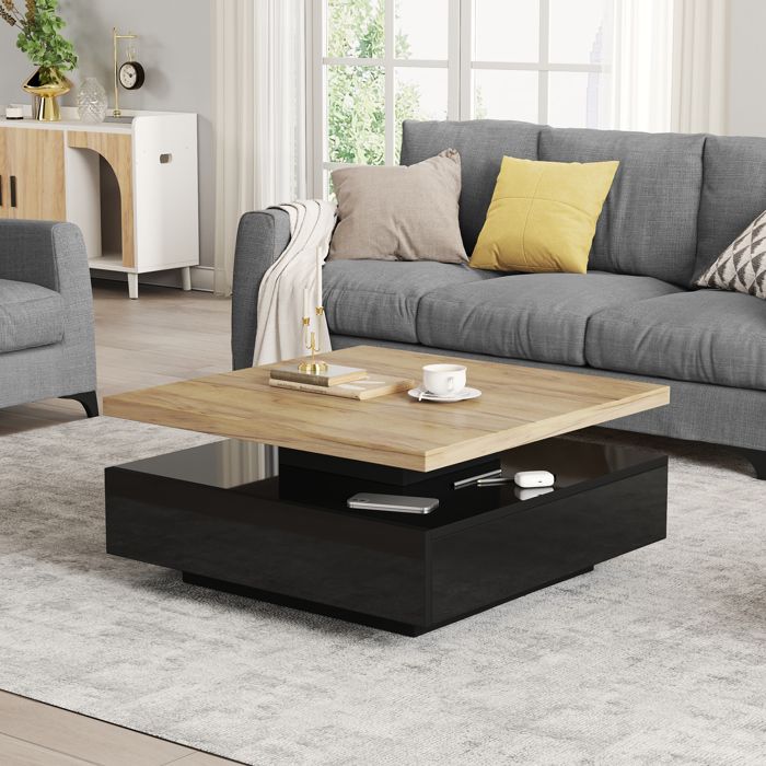 Table basse pivotante - Design pivotant à 360° - Couleur Noyer et Noir - Dimensions 70x70x36 cm - Panneau de particules