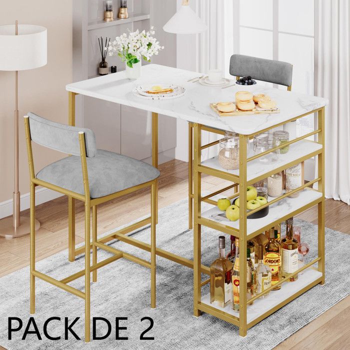 Ensemble table haute et chaises - GARVEE - Avec sièges rembourrés et étagère 3 niveaux – Couleur dorée-2PCS