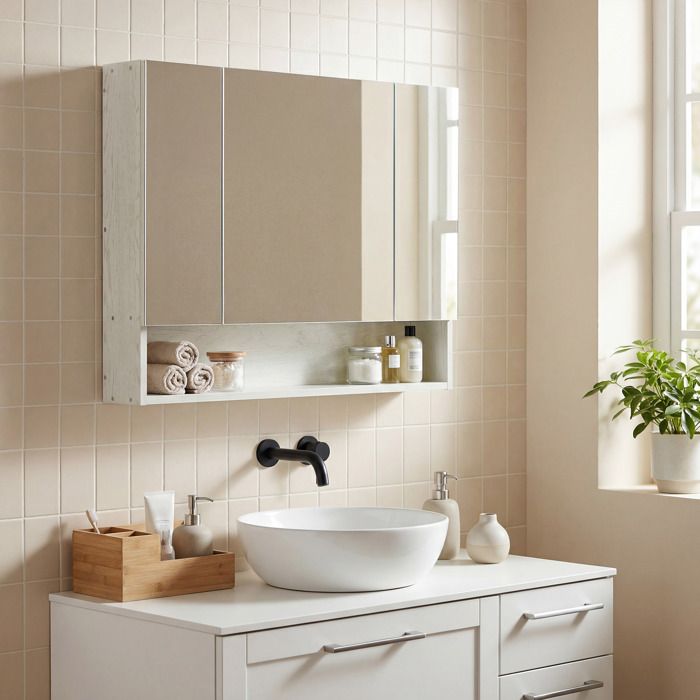 Armoire de salle de bain avec miroir 3 portes étagère réglable et compartiment 90 x 15 x 75 cm blanc