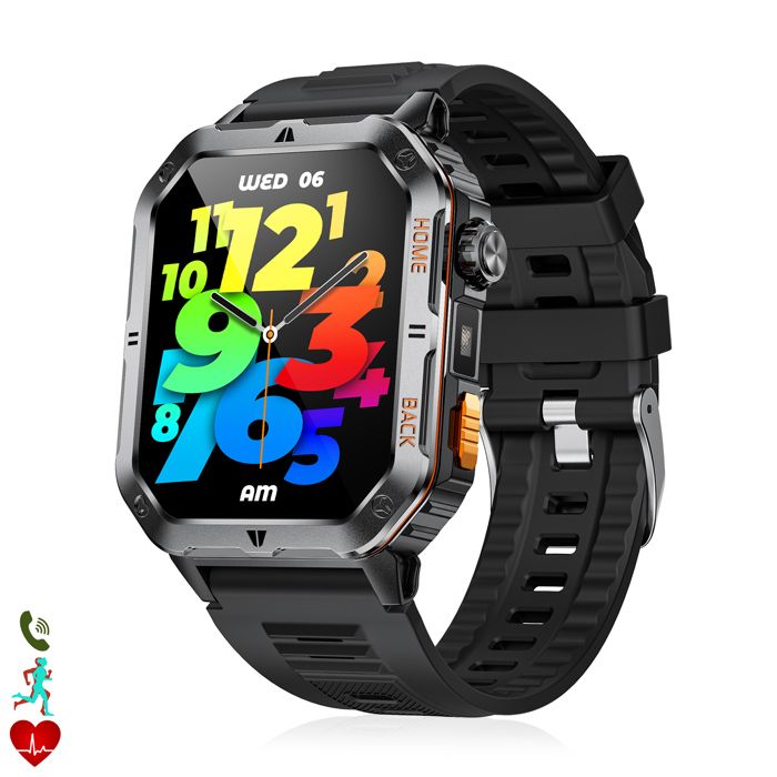 DAM Smartwatch MT62 avec couronne multifonction intelligente assistant vocal et plus de 100 modes sportifs. 4 5x1 3x5 6 Cm. Noir