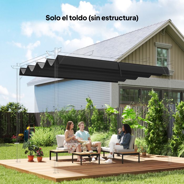 Toit de rechange rétractable 3 x 25 m pour tonnelle de jardin 285 x 2 m toile gris foncé 8 trous