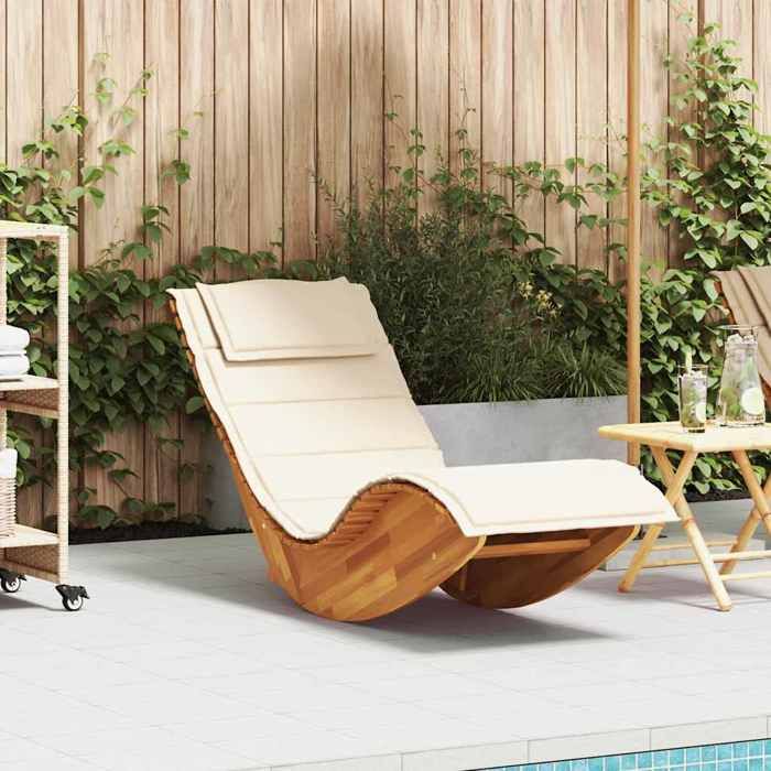 Chaise Longue à Bascule avec Coussin Blanc Crème 154 x 60 x 74 cm en Bois dacacia massif pour Jardin et Piscine 460373