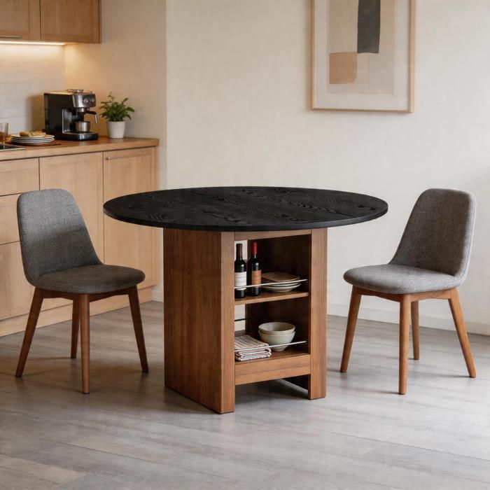 Table à manger ronde en bois noyer avec étagères de rangement pour 2 à 4 personnes scandinave cuisine et salle à manger 100 cm