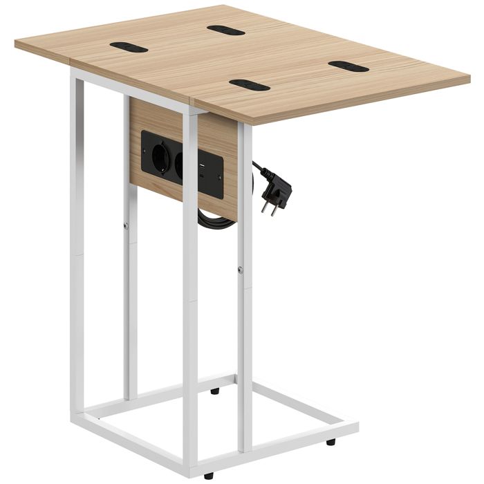 YWJ Table dappoint pour canapé avec plateau pliable et station de charge en forme de C disponible en blanc et naturel pour salon