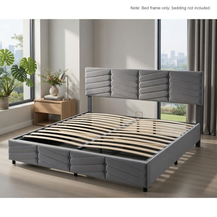 Lit rembourré double hydraulique en velours gris avec tête de lit réglable 160x200 cm