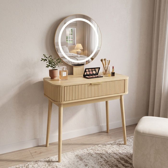 Coiffeuse avec éclairage LED et miroir tiroir 80 x 40 x 133 cm pour chambre à coucher finition chêne (chaise non comprise)