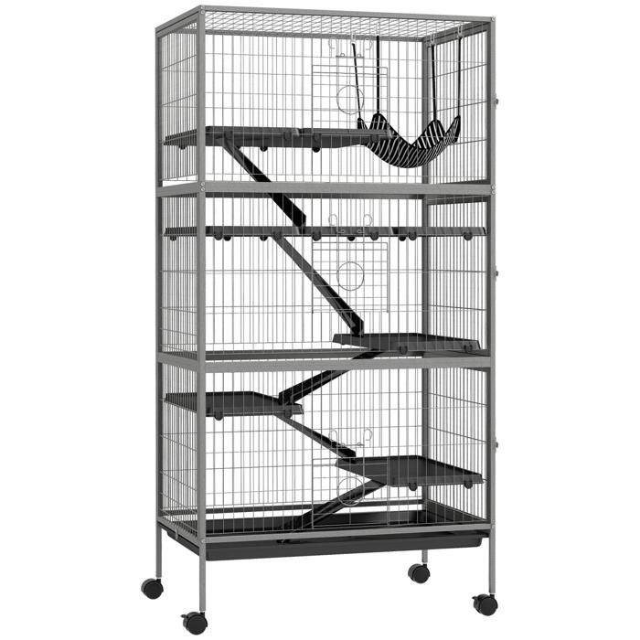 Cage pour rongeurs multifonction 4 plateformes 3 rampes 4 portes dim. 80L x 52l x 159H cm acier gris argenté noir
