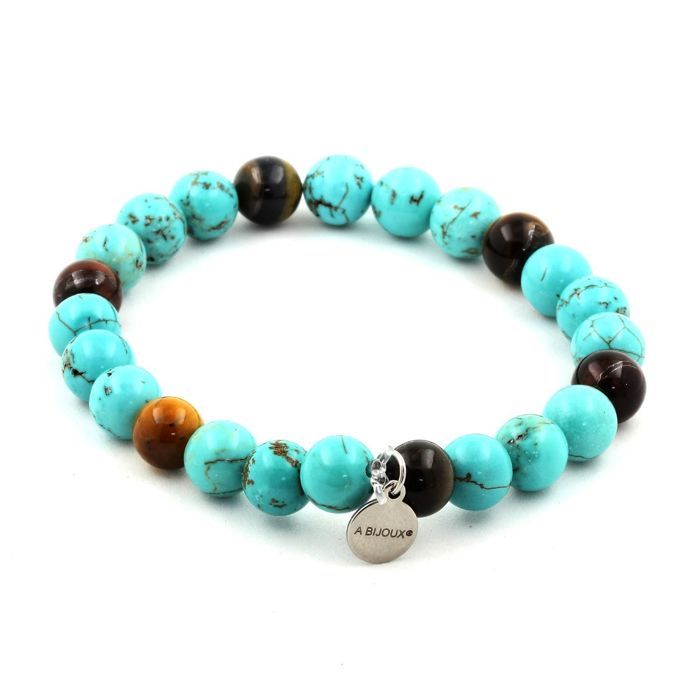 Pierres et Minéraux. Bracelet Perles Oeil de Tigre multicolore + Turquoise 8 mm. Fabriqué en France.