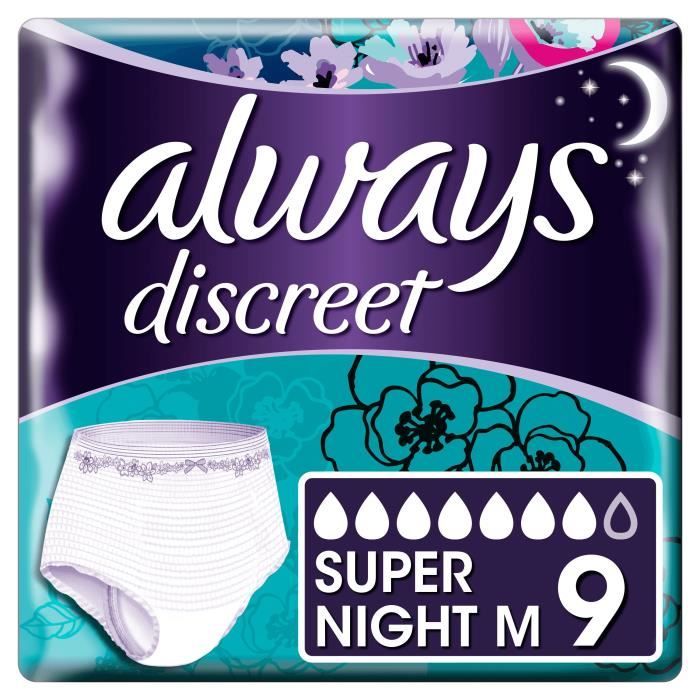 ALWAYS Discreet Culotte Super Night taille M Fuite Urinaire x9 - Cdiscount  Santé - Mieux vivre