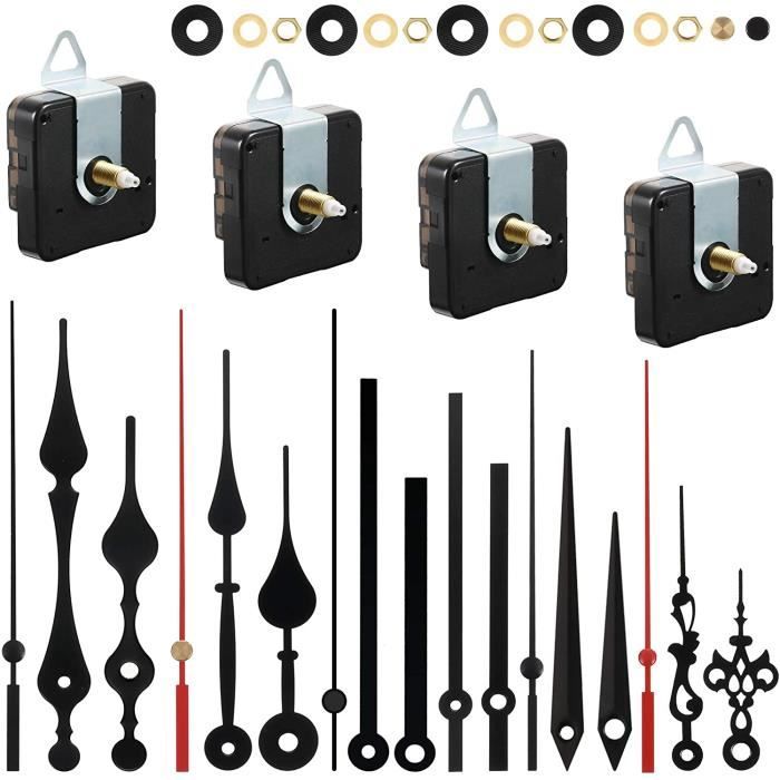 Munloo Lot De 4 Mécanismes Horloge Quartz Silencieux Long Axe + 6 Kits Aiguilles – Kit Complet Bricolage Horloge Murale
