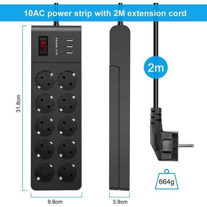 Multiprise Electrique USB Chargeur/Parafoudre et Surtension 3 Ports USB + 10 Prises 2500W/10A,Bloc Multiprises USB Secteur 2M