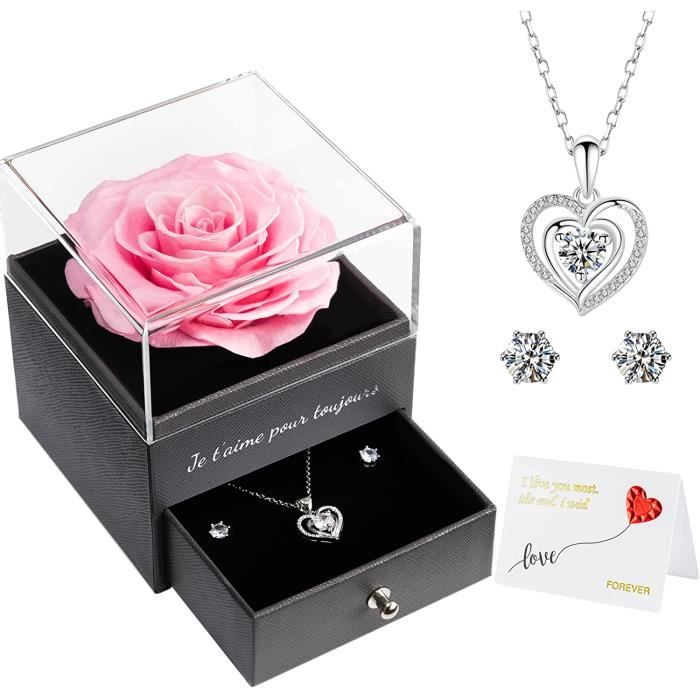 Rose éternelle Avec Collier Cœur - Cadeau Romantique Pour Femme - Boîte à Bijoux Avec Fleur Préservée