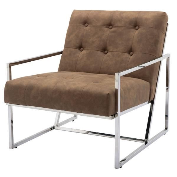 fauteuil lounge en micro vintage marron et métal finition inox - marron - style vintage