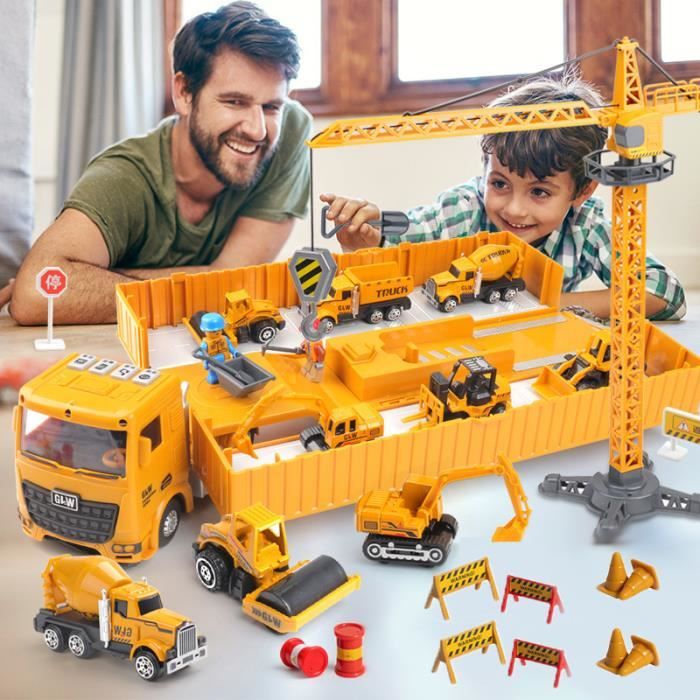 Circuit Voiture Chantier Enfant 3+ Ans - Camion Transporteur + Grue + Bulldozer + Tapis Roulant - Jouet Construction Garçon