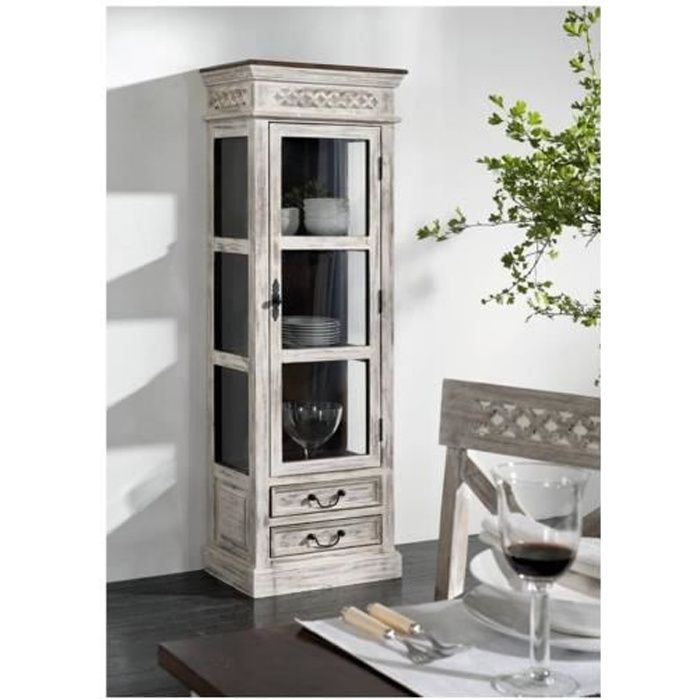 Vitrine - Bois massif de manguier ciré (Blanc antique) - Style Campagne Chic - CASTLE ANTIK #207