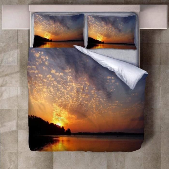 Housse De Couette 140x200 Coucher De Soleil Palmiers 3D, Parure De Lit Microfibre 1 Personne Avec Fermeture Éclair Plage De Sable Parure Lit Avec 2 Taie D' Oreiller 65x65 Cm
