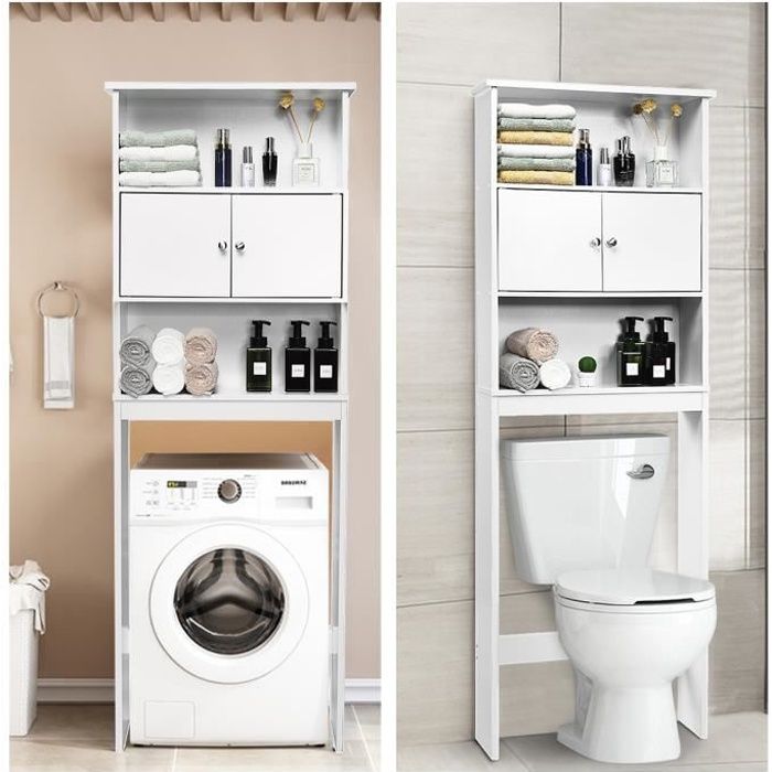Meuble Salle De Bain COSTWAY - Étagère Sur WC/Machine à Laver - 2 Portes Et Étagère Ouverte - Blanc